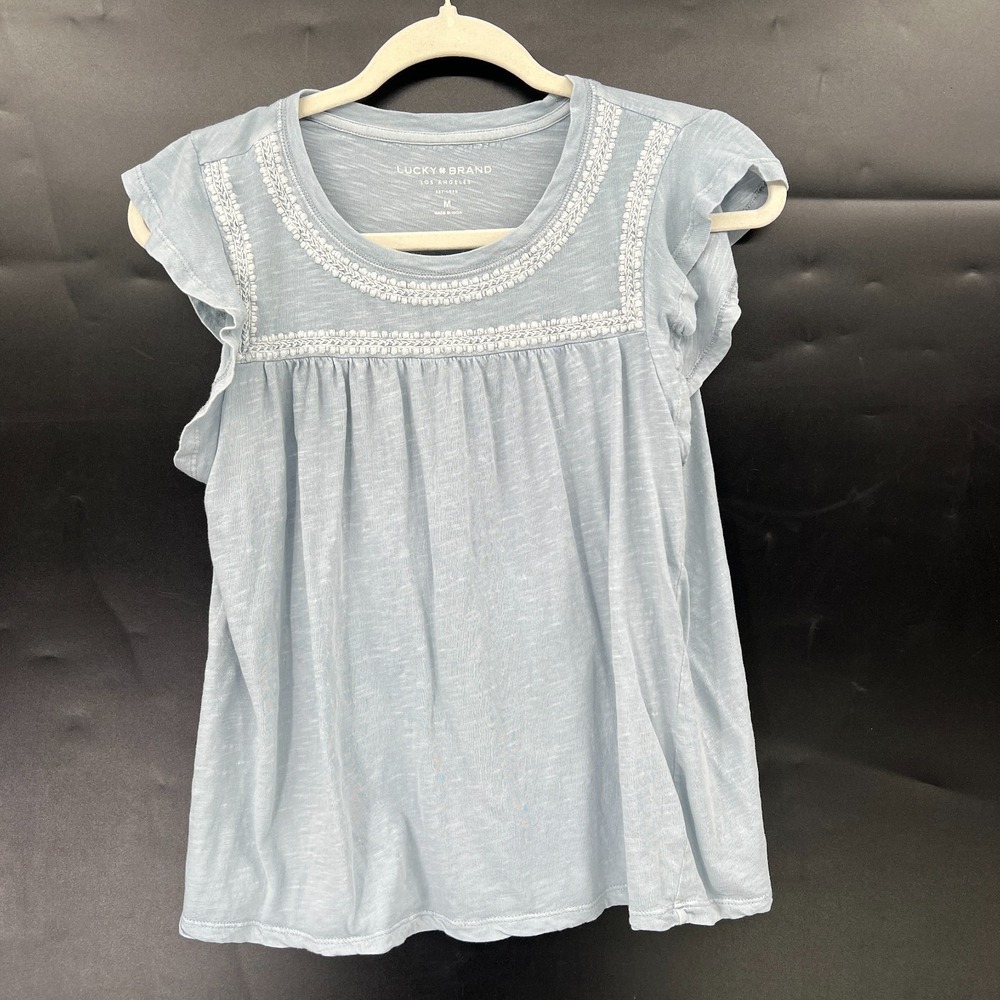 Lucky Brand light blue embroidered top coastal grandma boho ruffle t-shirt M
